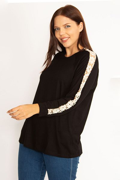 Şans Women's Large Size Black Lace Detailed Blouse 65n34646