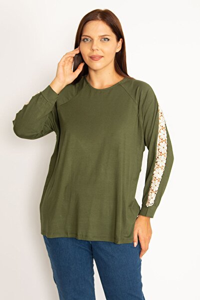 Şans Women's Large Size Khaki Lace Detailed Blouse 65n34646