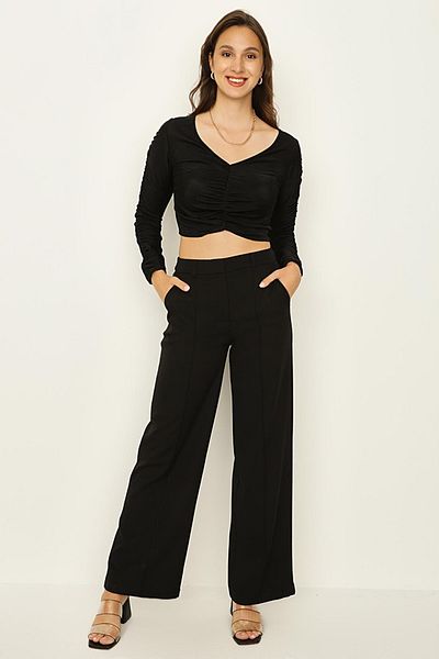 Select Moda Women's Black Ribbed Stitched Wide Leg Trousers