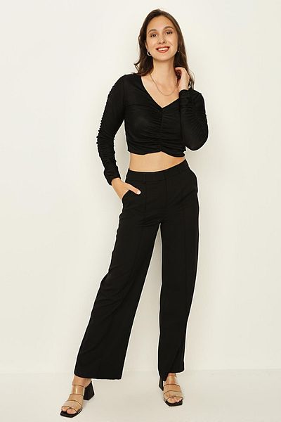 Select Moda Women's Black Ribbed Stitched Wide Leg Trousers