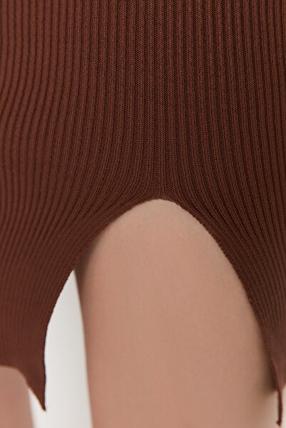 Trendyol Collection Knitwear Mini Dress - Brown, Slit Detail, Fitted Twoaw23El01416