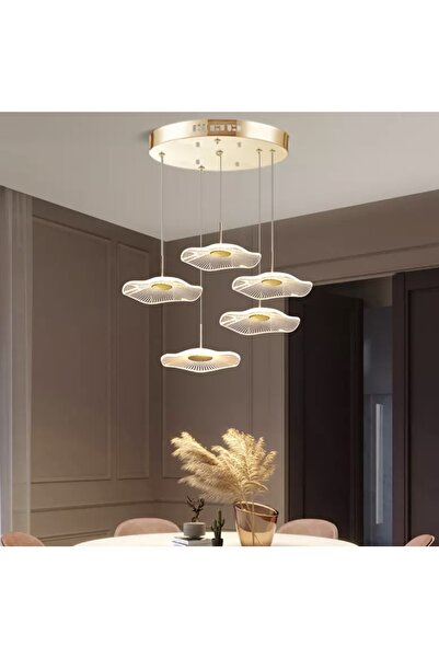 Fico Home Luxury Exclusive Beşli Yuvarlak Sarkıt Led Avize Jellyfish Gold Sarı Ledli Avize