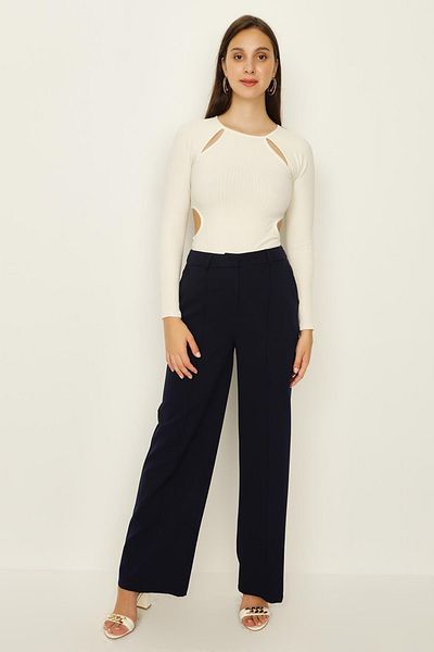 Select Moda Women's Navy Blue Ribbed Stitched Wide Leg Trousers