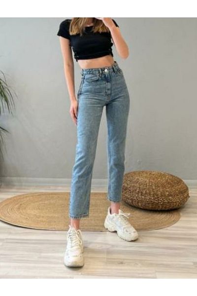 Ramrod Blugi mom subțiri cu talie înaltă din Lycra albastră
