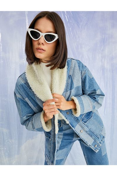 Koton Women&#39;s Faux Fur Color Block Denim Jacket 3wal50052md