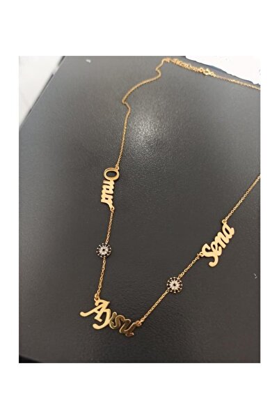 GÜMÜŞ 3 Isimli Nazar Boncuklu Aile Kolyesi 24 Ayar Has Altın Kaplama Kolye