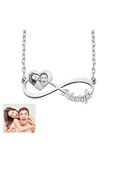 GÜMÜŞ Kalpli Resimli Ve Isimli Sonsuzluk Tasarımlı 925 Ayar Kolye