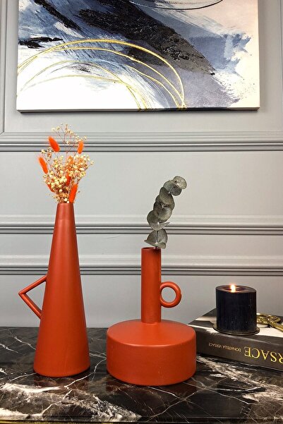 AstreHome Modern Tasarım Dekoratif 2'li Vazo Takımı- Kiremit Rengi