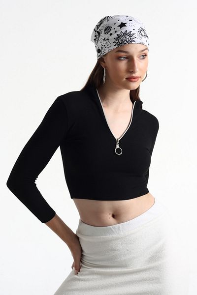 KİM Kİ O Women's Black Front Zippered Camisole Crop