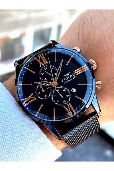 FERRO Men's Black Round Wristwatch