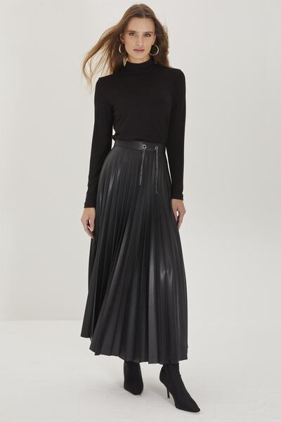 Zühre - Bel Zincir Detaylı Pileli Deri Etek