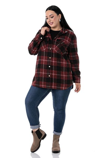 DISENTIS MODEST Large Size Hooded Pocketed Side Oval Cut Claret Red Lumberjack Shirt