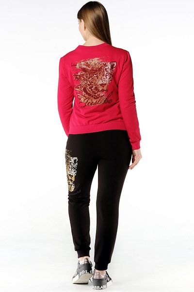 RICH GLAM Tiger Crystal Stone Red Plus Size Women's Two Thread Cotton Tracksuit Set