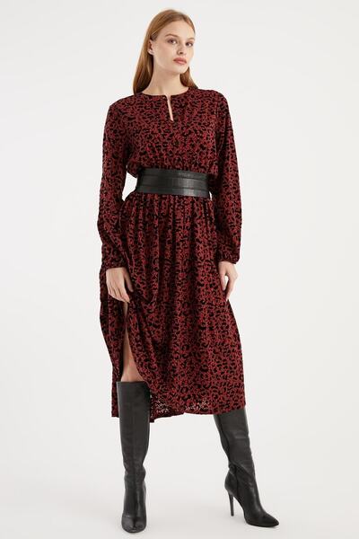 Hanna's by Hanna Darsa Kadın Bordo Belden Büzgülü Leopar Desenli Örme Elbise