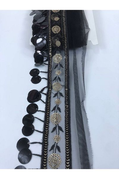 Hobigram Black Sequin Flower Detailed Embroidered Ribbon – Special Design, Accessory, Quality Production, Eye-Catching Style