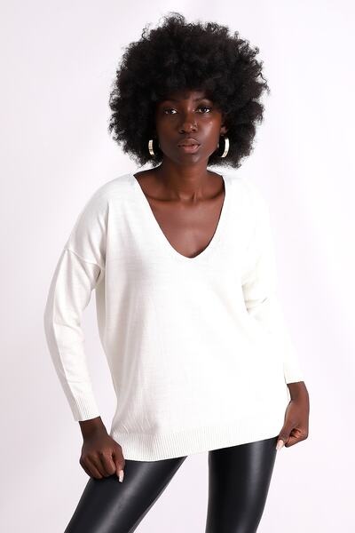 Mrt Beyaz Ince Triko Kazak Yırtmaçlı Triko Esperar