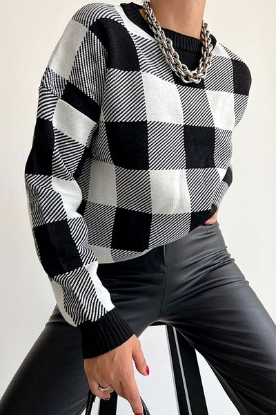 vuvutasarım Pulover de damă, cu model în carouri, tricotaje cu decolteu