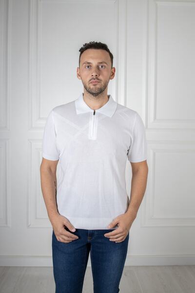 San&Fa Поло з коміром на блискавці, тонкий трикотаж, геометричний візерунок, біла футболка