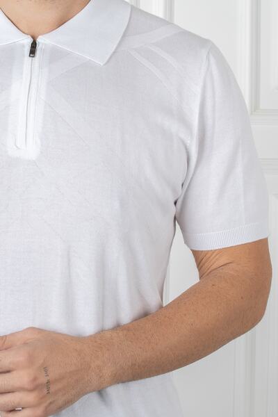 San&Fa Поло з коміром на блискавці, тонкий трикотаж, геометричний візерунок, біла футболка