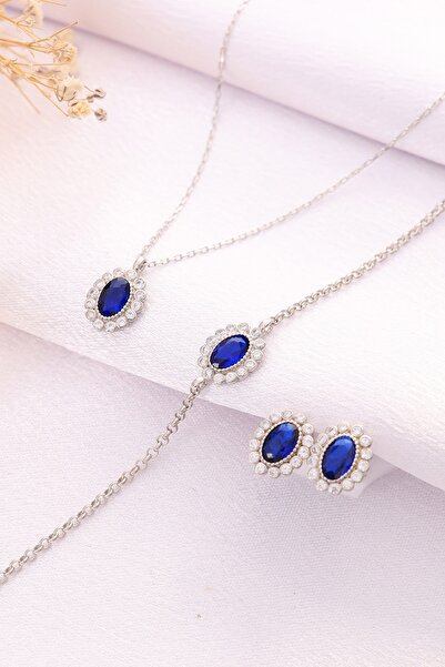 Miavi Silver 925 Ayar Gümüş Elmas Monturlu Safir Oval Kolye-bileklik-küpe Set