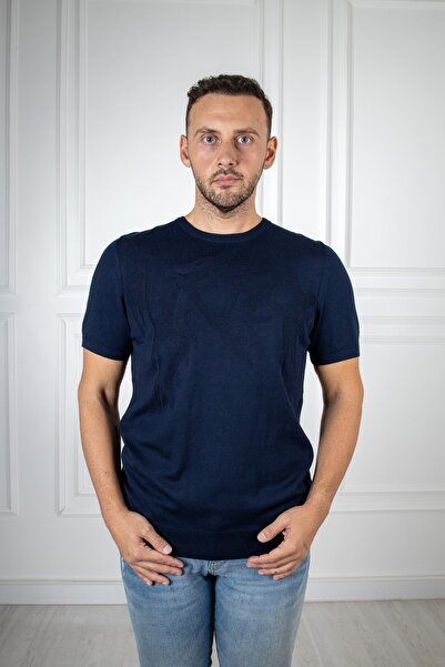 San&Fa Тонкий трикотажний футболка з візерунком «нульовий комір» синього кольору