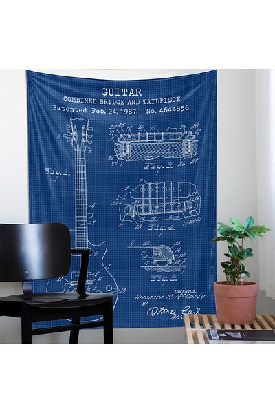 The Lucid Lab Gibson Les Paul Guitar Blueprint Tapestry - Carpă de perete cu chitară Decorare cameră muzicală