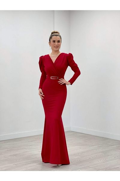 giyimmasalı Crepe Fabric Double Breasted Collar Fishnet Dress - Red
