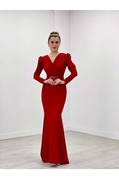 giyimmasalı Crepe Fabric Double Breasted Collar Fishnet Dress - Red