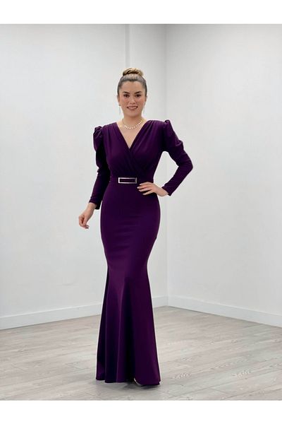 giyimmasalı Crepe Fabric Double Breasted Collar Fish Dress - Eggplant Purple