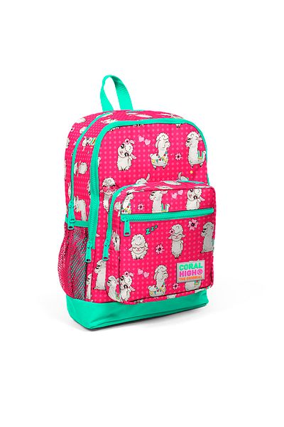 Coral High Kids Neon Coral Water Green Alpaca Patterned Four Compartment School Backpack 23466