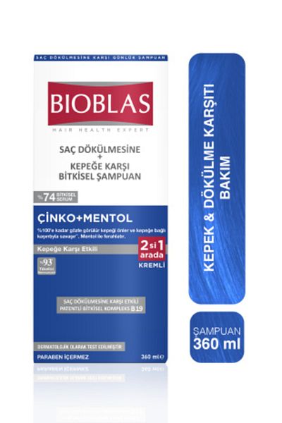 Bioblas Șampon 360ml Zinc+mentol Șampon cremă 2in1 împotriva mătreaței