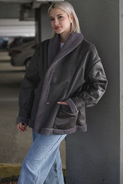 Madmext Anthracite Biker Coat with Faux Fur Inside Mg1329