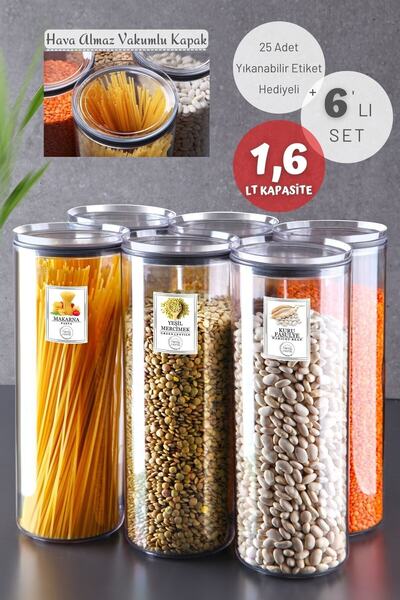 Nandy Home Set of 6 Labeled, Silicone Sealed Round Food Storage Container Set 1.6 Lt Transparent