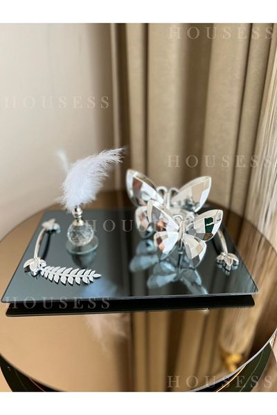 Housess Rectangular Silver Tray with Mirrored Leaf Detail and 2-Piece Butterfly and Silver Feather Holder