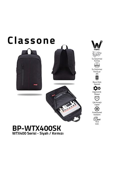 Classone BP-WTX400SK 15.6" Waterproof Fabric And Zipper, Notebook, Laptop Bag Black-red