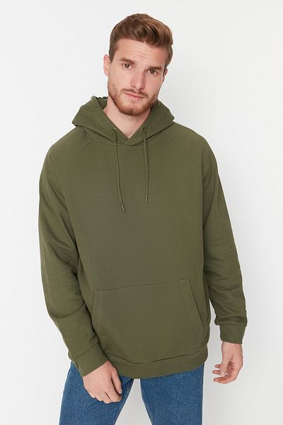 Trendyol Collection Übergroßes Khaki-Fleece-Sweatshirt mit Kapuze - TMNAW23SW00192