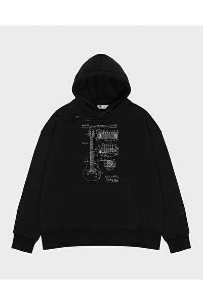 GreenMint Unisex Siyah Kapüşonlu Sweatshirt Gibson Les Paul Guitar Patent White_em1452