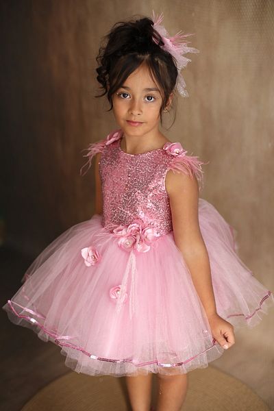black white wedding Rochie mini tutu pentru fetiță roz cu flori și pene
