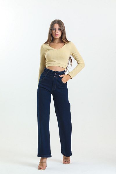 SHEVEGA Μπλε Navy Elastic Waist Lycra Ψηλόμεσο Φαρδύ Τζιν Φαρδύ τζιν παντελόνι