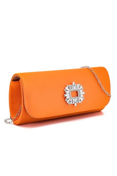 Rouge Paris حقيبة سهرة من الساتان البرتقالي اللامع مع إكسسوارات حجرية مربعة