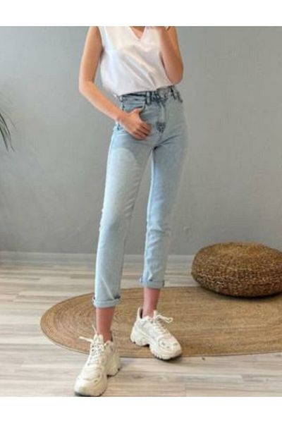 Livik Blugi mom subțiri cu talie înaltă Ice Blue Snow Lycra