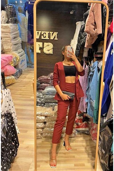 rengamoda Women's Burgundy Unlined Atlas Fabric Jacket Pants Suit Original Visual Top 58cm Pants 84 cm