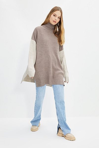 Trendyol Modest Hnědý rolák s dlouhým úpletem TCTAW22KZ1309