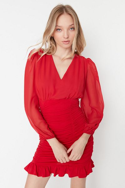 Trendyol Collection Red Body-Hugging Guiped V-Neck Mini Woven Dress TWOAW23EL01044