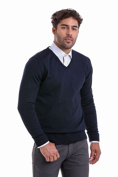 Hatemoğlu Navy Blue Comfort Fit Plain V-Neck Woolen Sweater