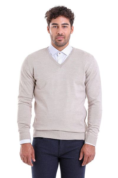 Hatemoğlu Beige Comfort Fit Plain V-Neck Woolen Sweater