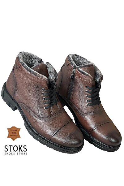 STOKS SHOES STORE Erkek Kürklü Hakiki Deri Bağcıklı Günlük Kauçuk Bot