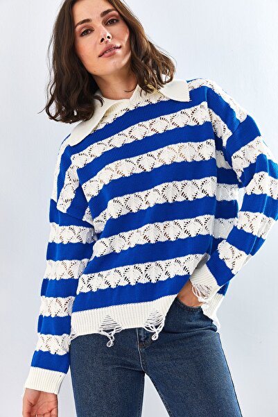 Bianco Lucci Pulover de damă din tricotaj cu model rupt cu gât polo