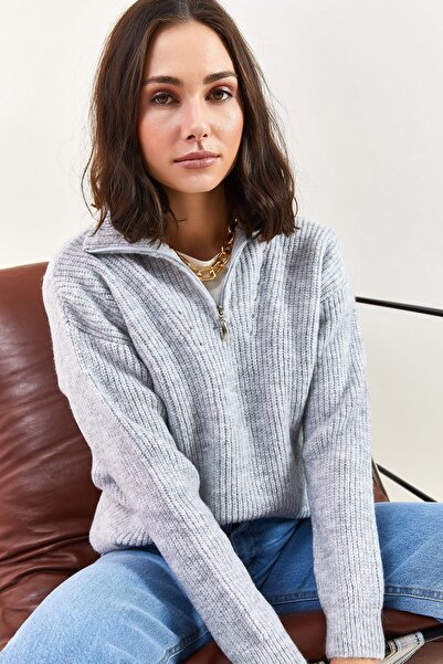 Bianco Lucci Pulover de damă cu fermoar cu gât țesut supradimensionat