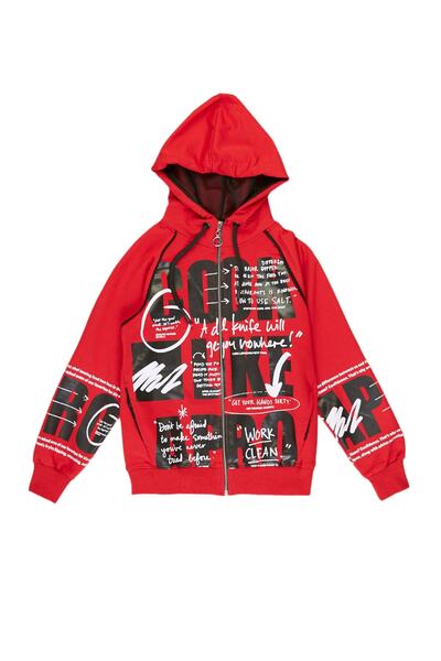 İrem Çocuk Giyim Children's Cook Text Patterned Zippered Hooded Cardigan with Pockets